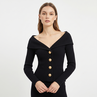 Victoire | Gold Button Bardot Lapel Fitted Ribbed Cardigan