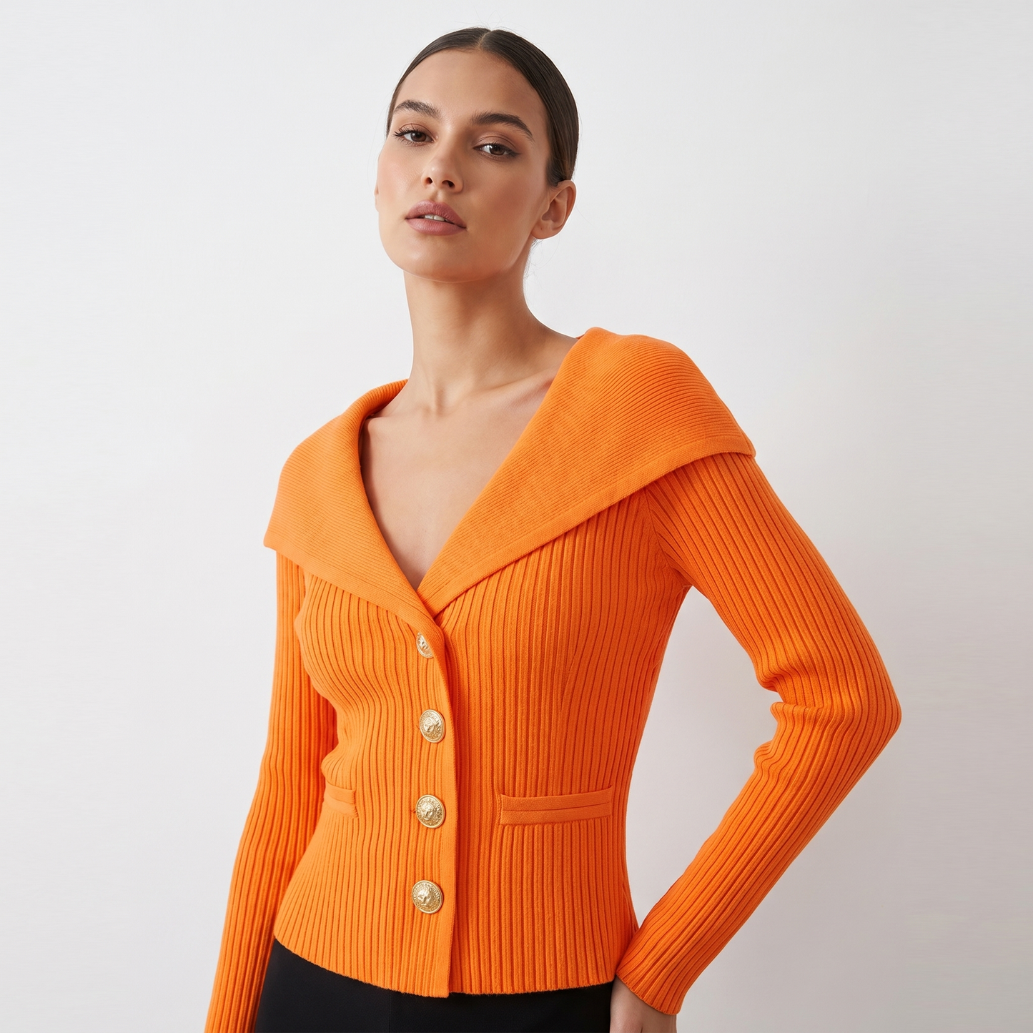 Victoire | Gold Button Bardot Lapel Fitted Ribbed Cardigan