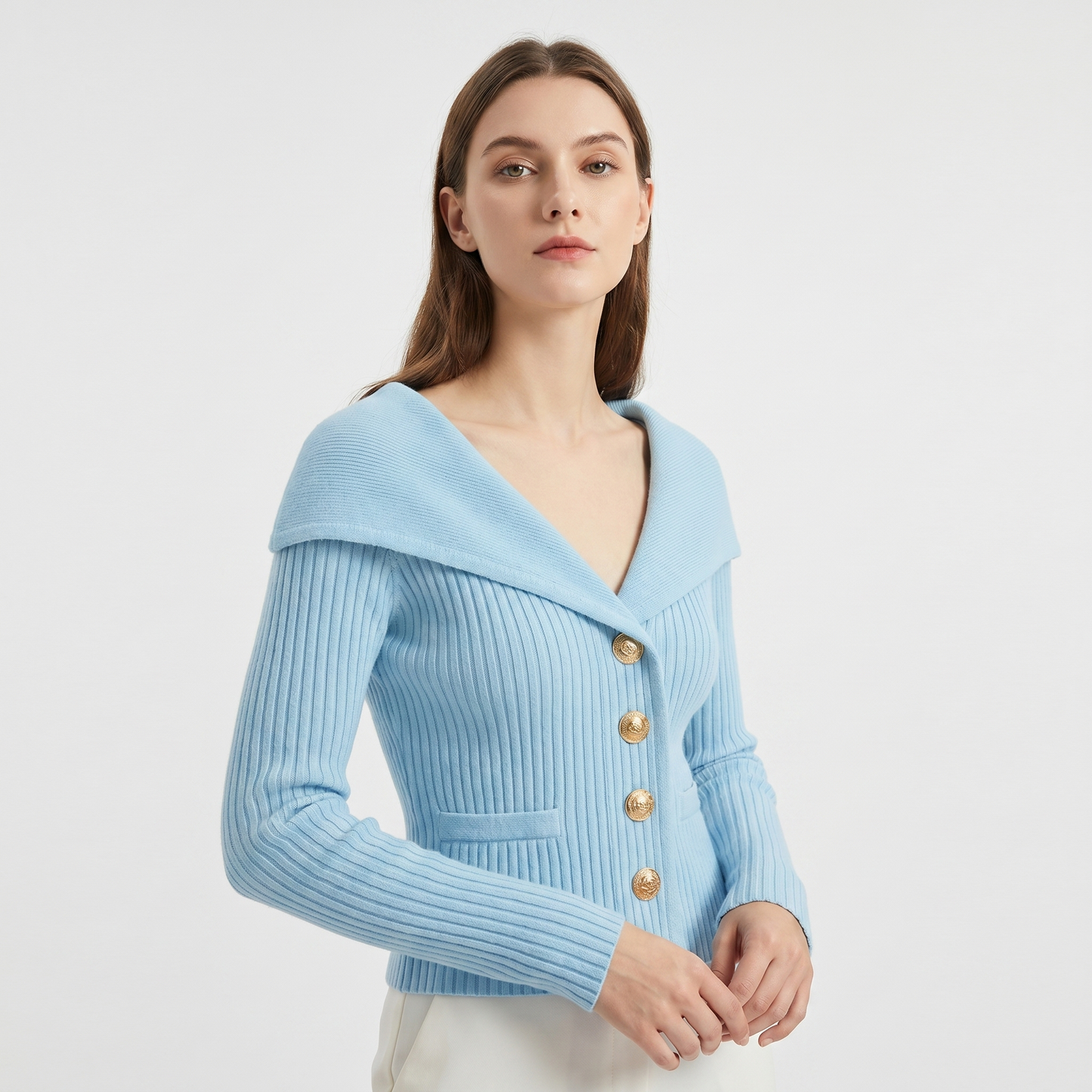 Victoire | Gold Button Bardot Lapel Fitted Ribbed Cardigan