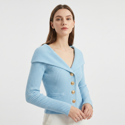Victoire | Gold Button Bardot Lapel Fitted Ribbed Cardigan
