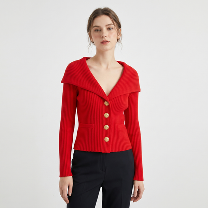 Victoire | Gold Button Bardot Lapel Fitted Ribbed Cardigan