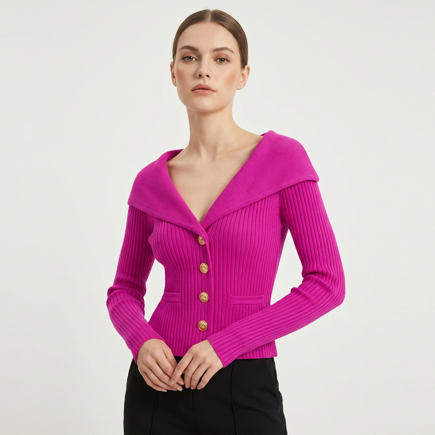 Victoire | Gold Button Bardot Lapel Fitted Ribbed Cardigan