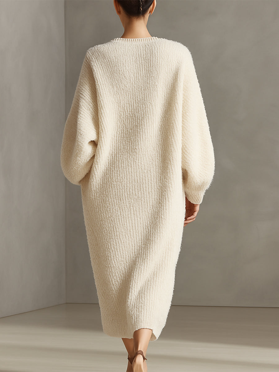 Velina | Fuzzy Knit Midi Dress Asymmetric Slit