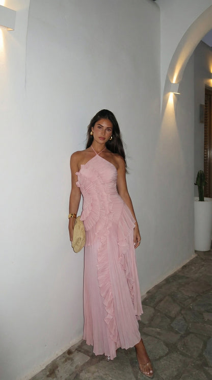 Lucienne | Halter Neck Ruffle Asymmetric Maxi Dress