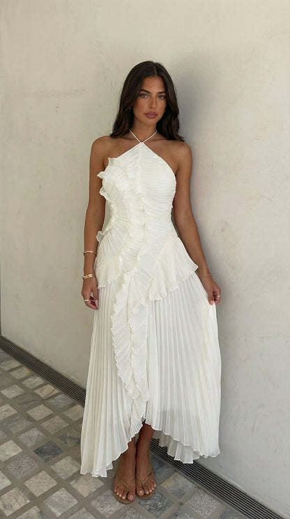 Lucienne | Halter Neck Ruffle Asymmetric Maxi Dress