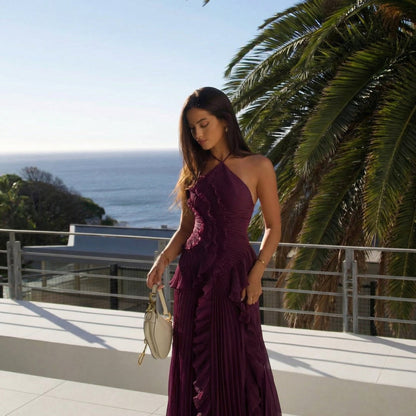 Lucienne | Halter Neck Ruffle Asymmetric Maxi Dress