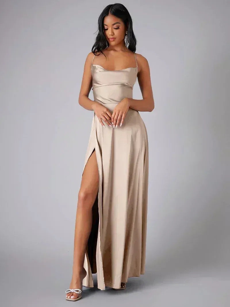 Sylviane | Satin Cowl Neck Backless Maxi Dress