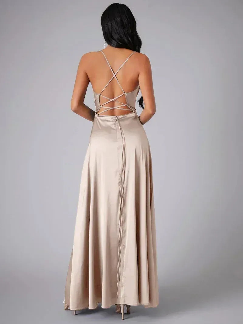 Sylviane | Satin Cowl Neck Backless Maxi Dress