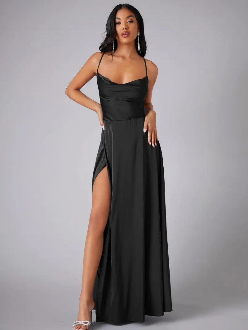 Sylviane | Satin Cowl Neck Backless Maxi Dress