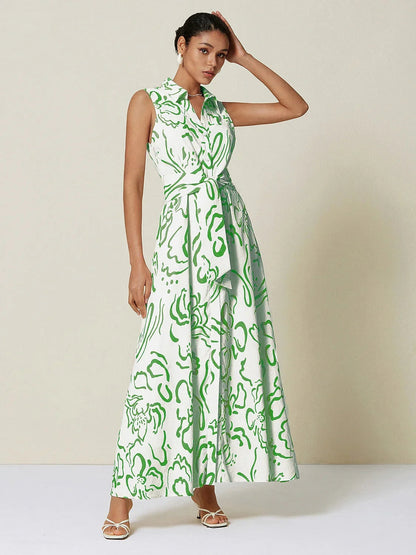Nadine | Floral Print Sleeveless Linen-Look Shirt Dress
