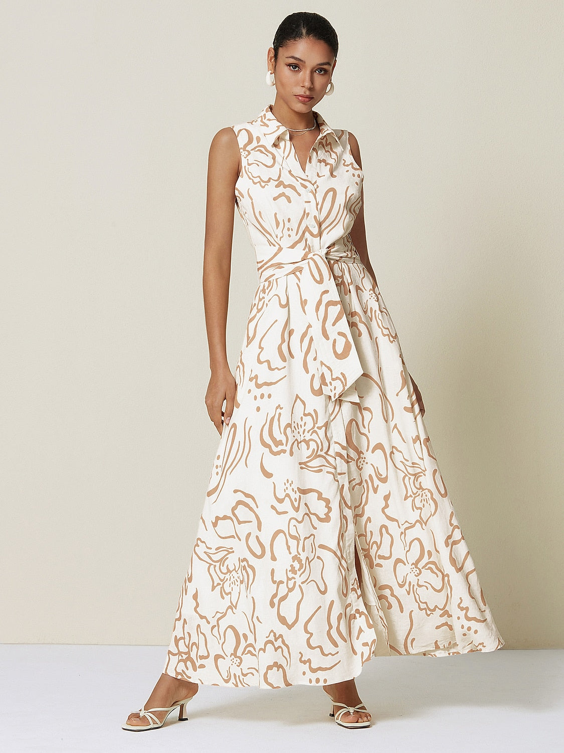 Nadine | Floral Print Sleeveless Linen-Look Shirt Dress
