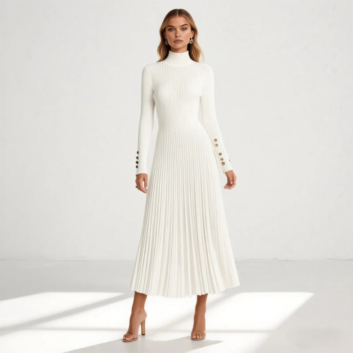 Dianelle | Pleated Turtleneck Knit Midi Dress