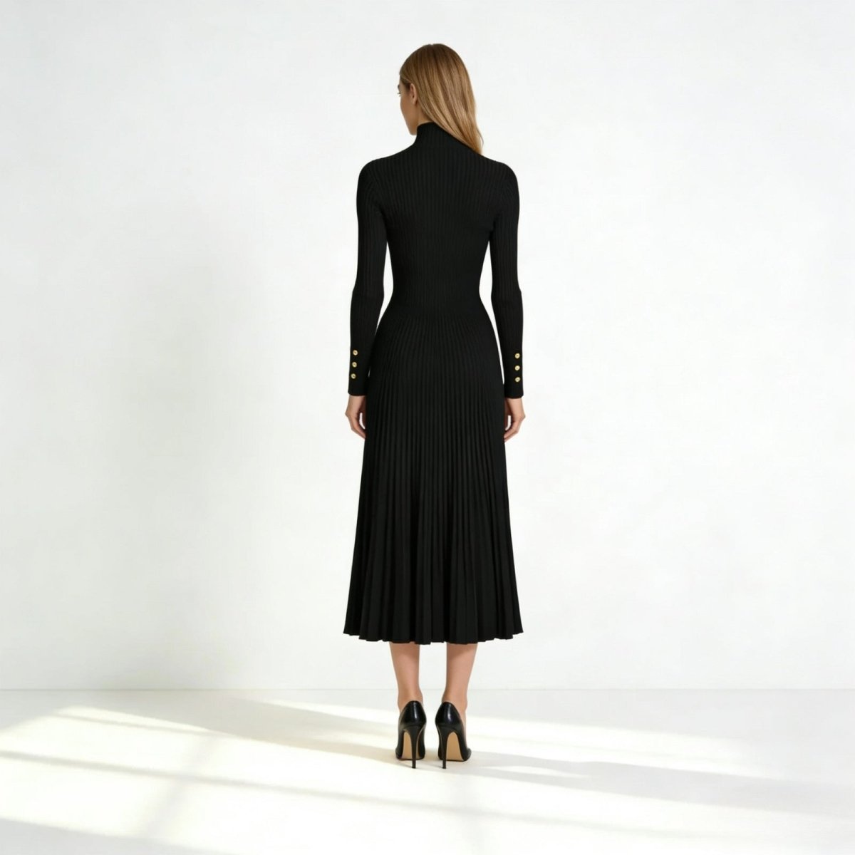 Dianelle | Pleated Turtleneck Knit Midi Dress