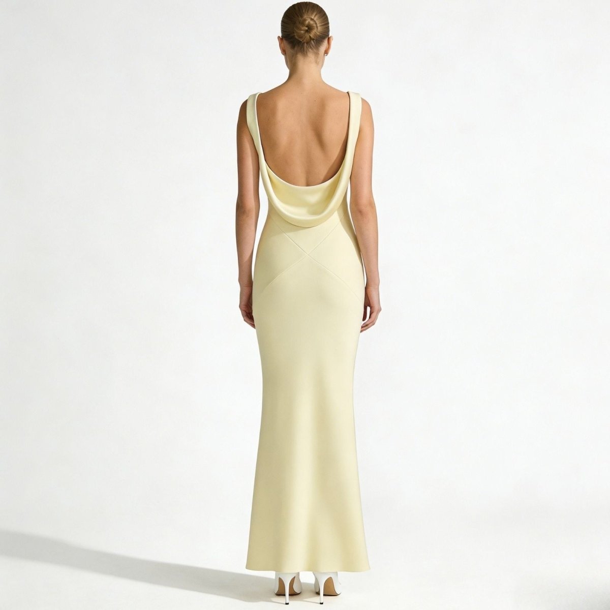 Lucienne | Cowl Neck Backless Satin Evening Gown