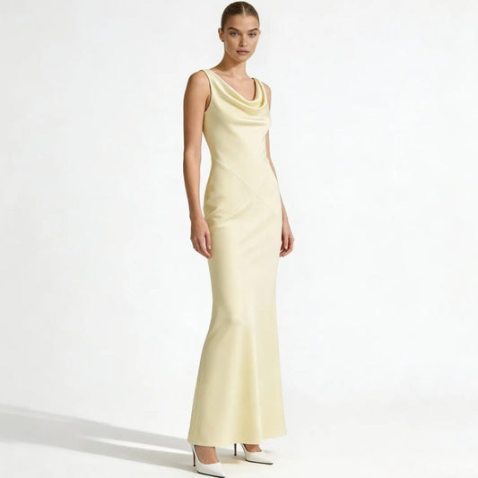Lucienne | Cowl Neck Backless Satin Evening Gown