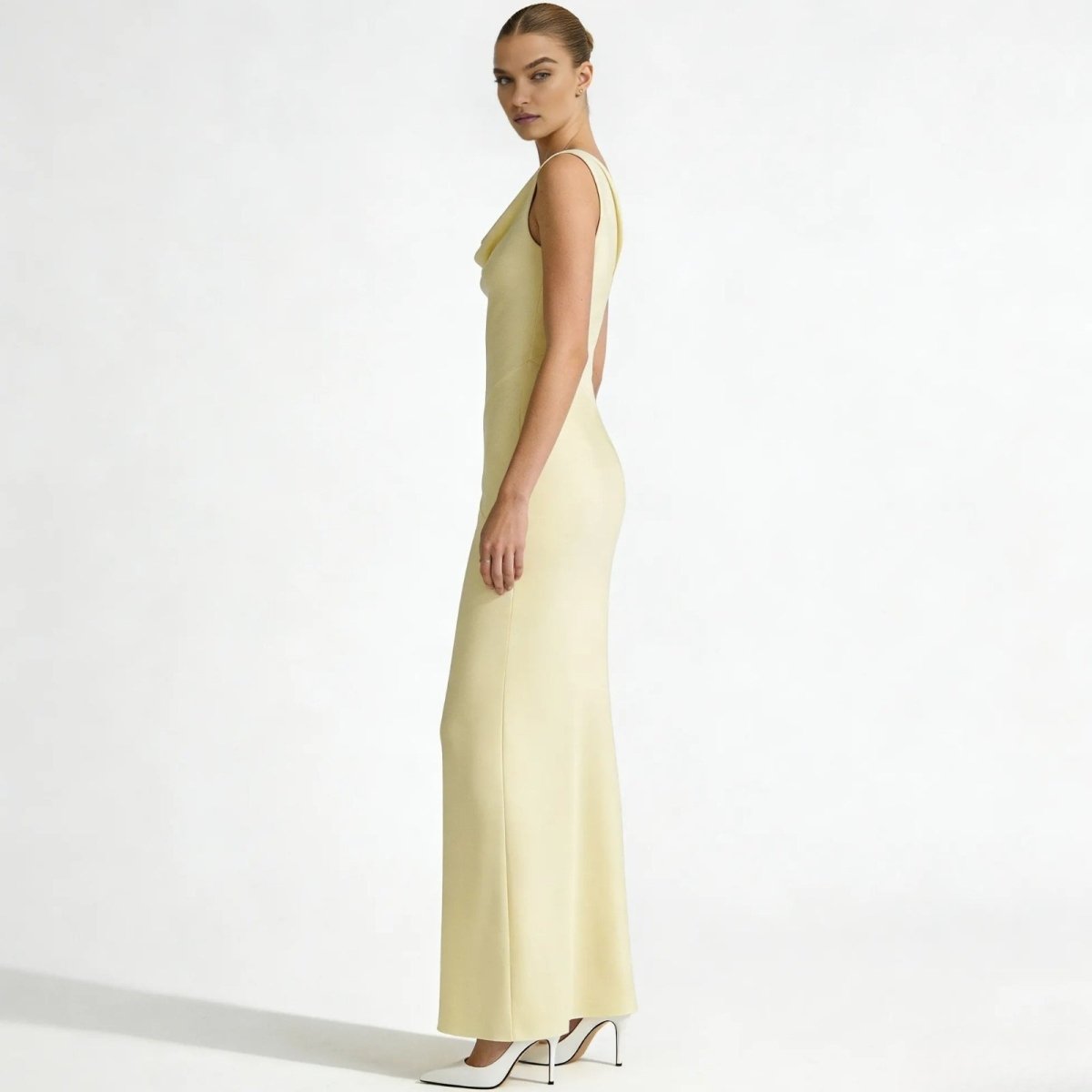 Lucienne | Cowl Neck Backless Satin Evening Gown