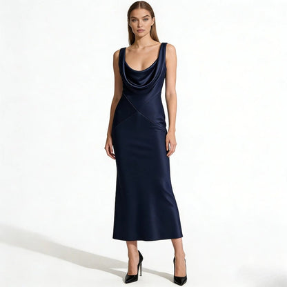 Lucienne | Cowl Neck Backless Satin Evening Gown