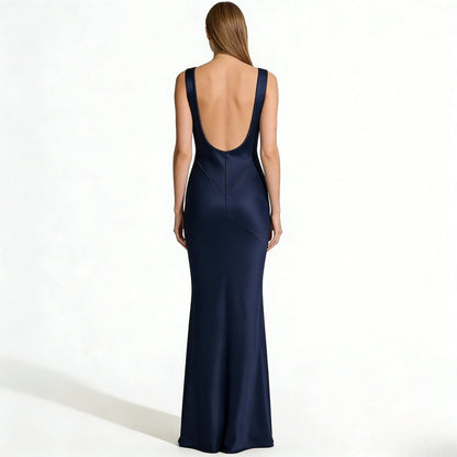 Lucienne | Cowl Neck Backless Satin Evening Gown