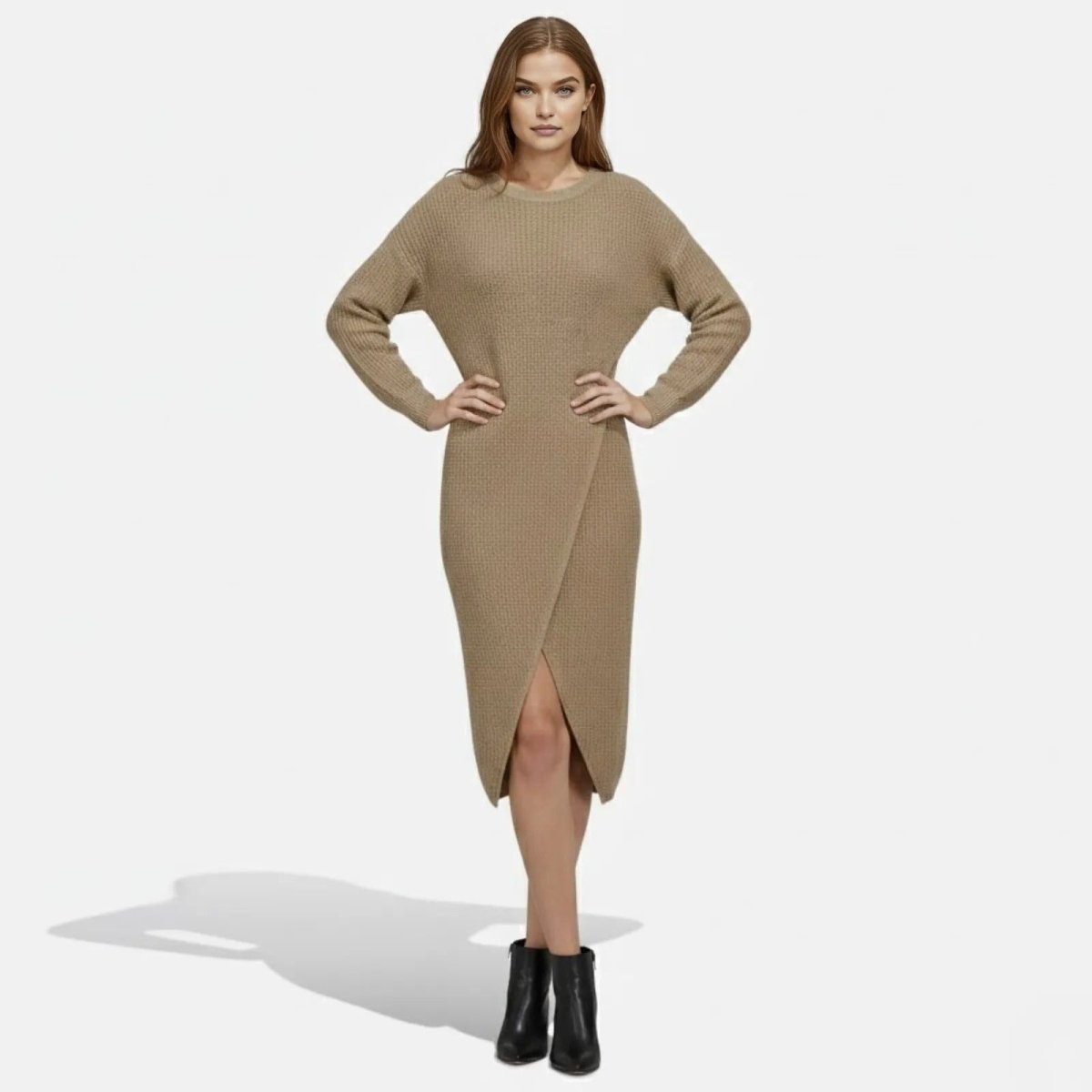 Janesse | Wrap Knit Midi Dress Waffle Texture