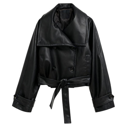 Celeste | Belted Cropped Faux Leather Trench Jacket