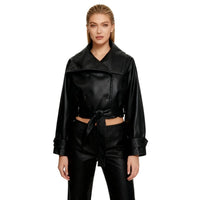 Celeste | Belted Cropped Faux Leather Trench Jacket