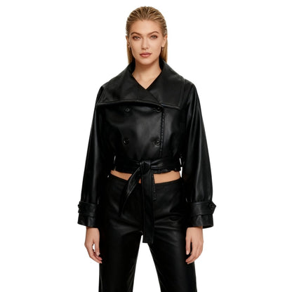 Celeste | Belted Cropped Faux Leather Trench Jacket