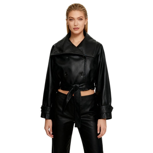 Celeste | Belted Cropped Faux Leather Trench Jacket
