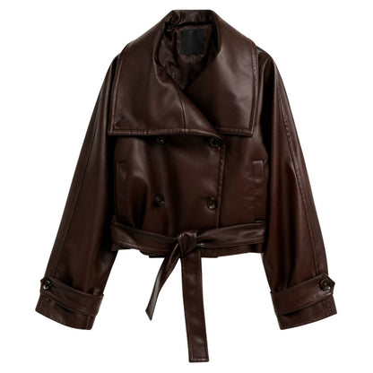 Celeste | Belted Cropped Faux Leather Trench Jacket