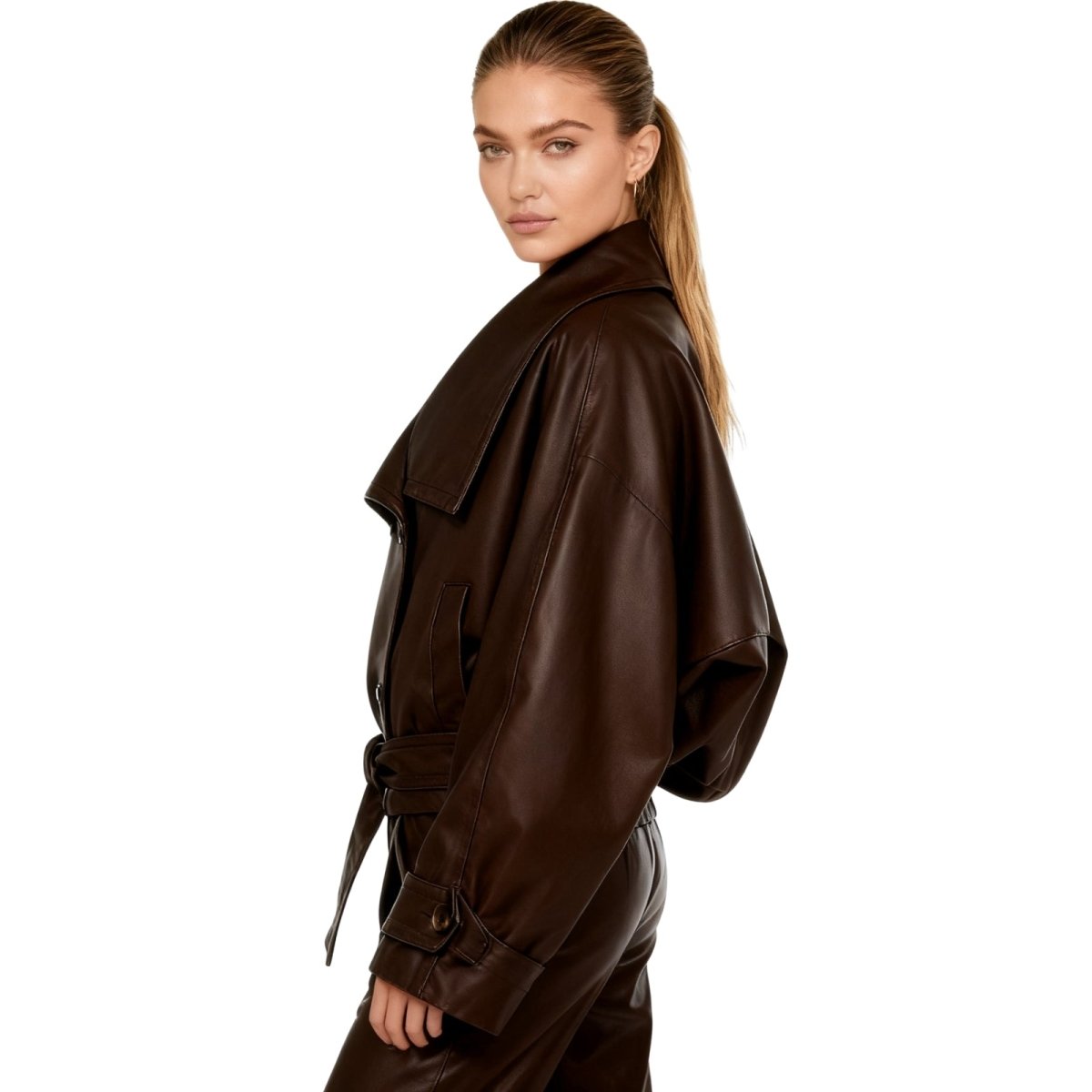 Celeste | Belted Cropped Faux Leather Trench Jacket