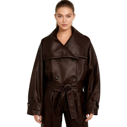 Celeste | Belted Cropped Faux Leather Trench Jacket