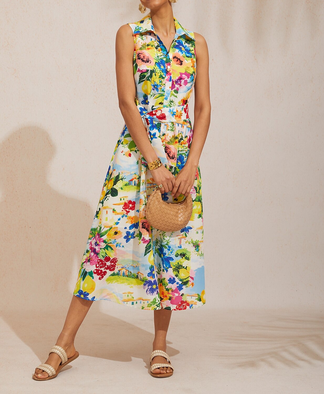 Nadine | Floral Print Sleeveless Linen-Look Shirt Dress