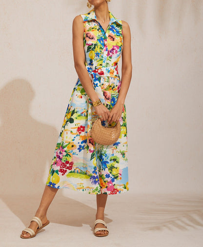 Nadine | Floral Print Sleeveless Linen-Look Shirt Dress