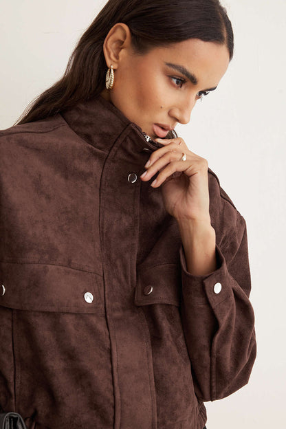 Claudette | High Collar Flap Pocket Button-Front Waist Jacket
