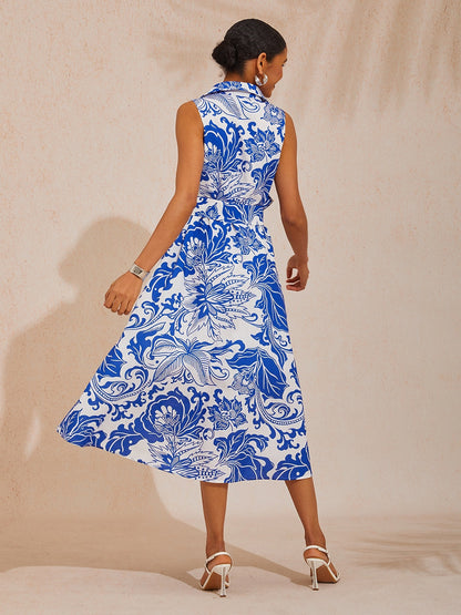 Nadine | Floral Print Sleeveless Linen-Look Shirt Dress