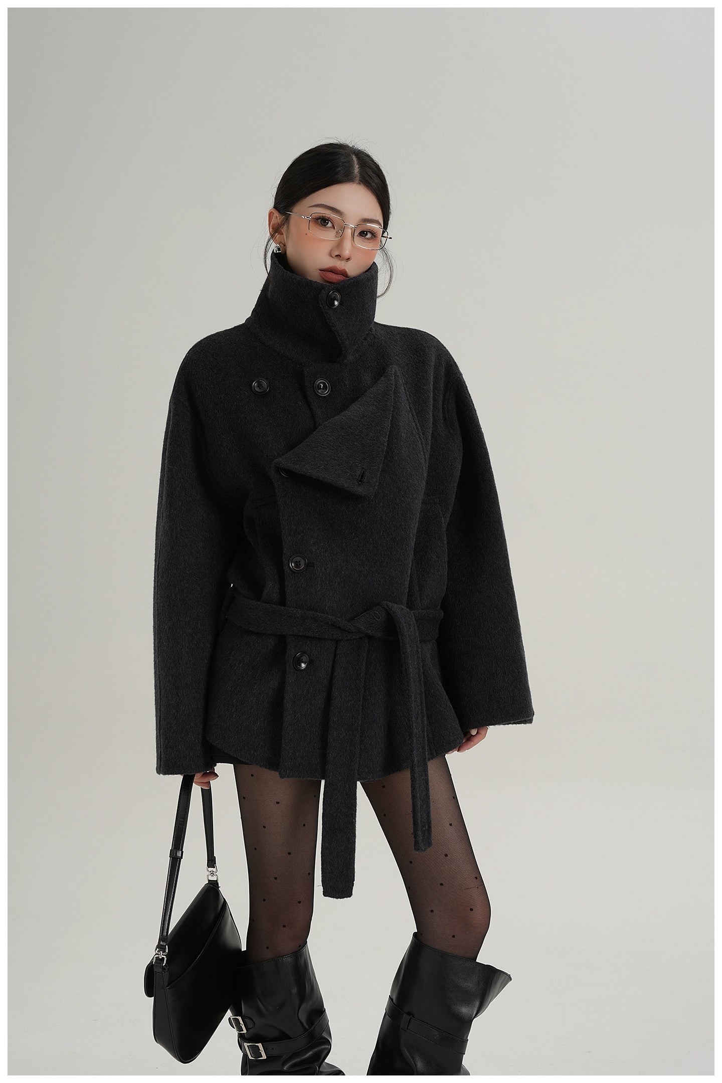 Nathalie | Belted High Collar Wool Coat