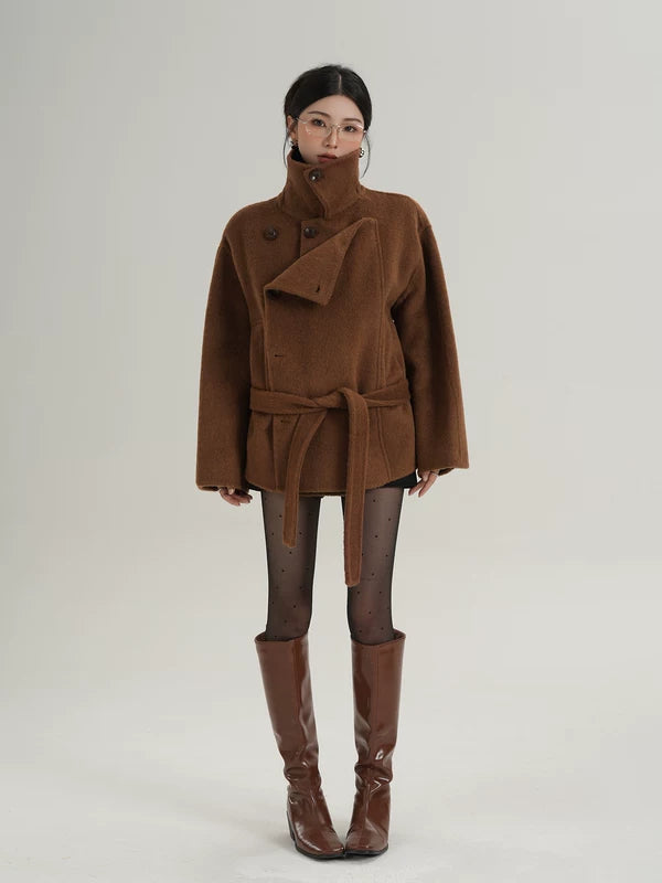 Nathalie | Belted High Collar Wool Coat