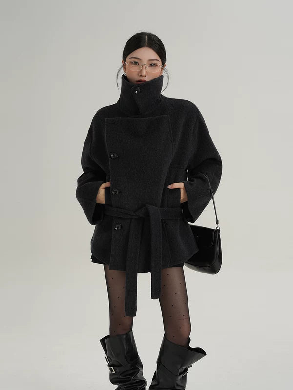 Nathalie | Belted High Collar Wool Coat