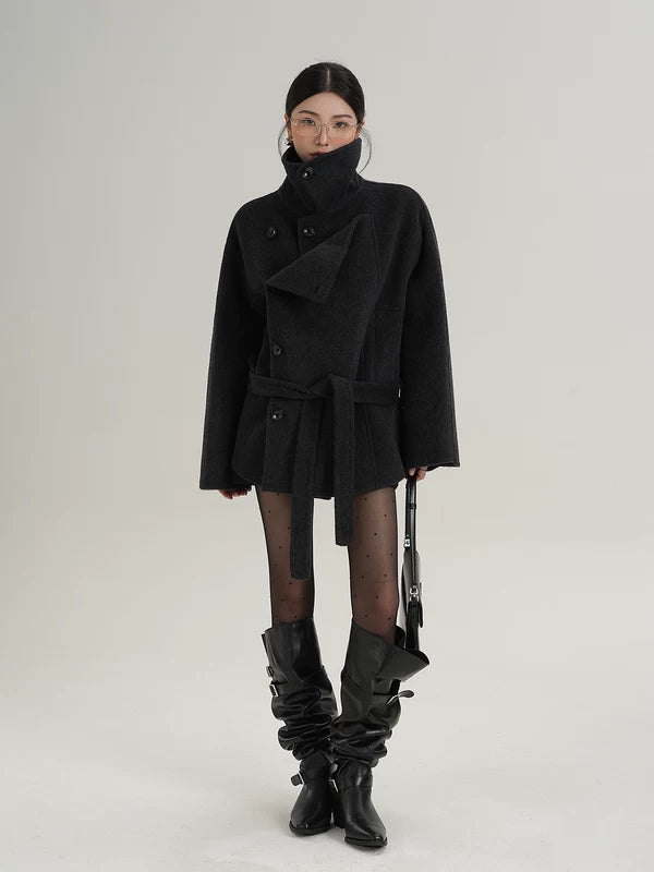 Nathalie | Belted High Collar Wool Coat