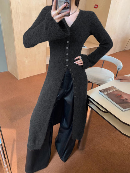Clotilde | Long Wool Blend Button-Up Knit Cardigan
