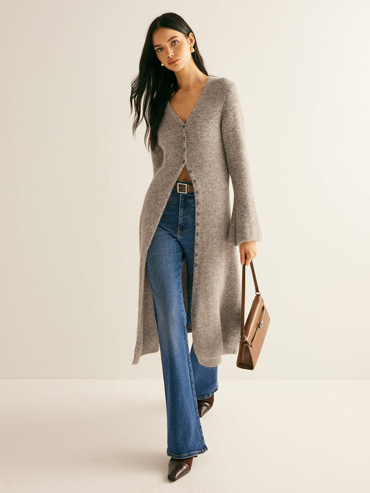 Clotilde | Long Wool Blend Button-Up Knit Cardigan