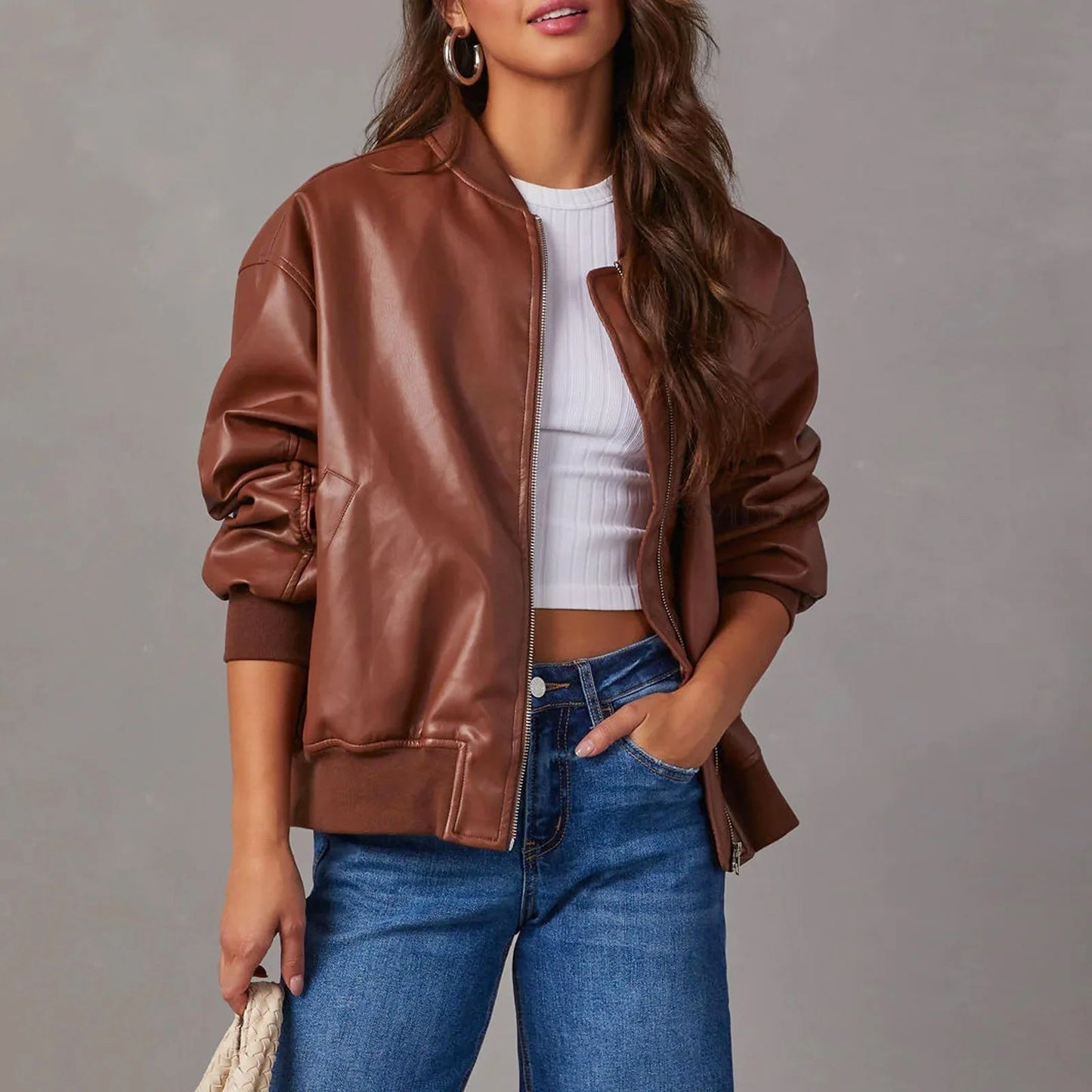 Noelle | Oversized Faux Leather Bomber Jacket