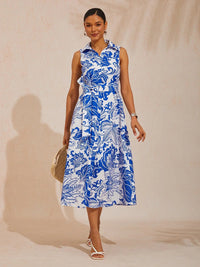 Nadine | Floral Print Sleeveless Linen-Look Shirt Dress