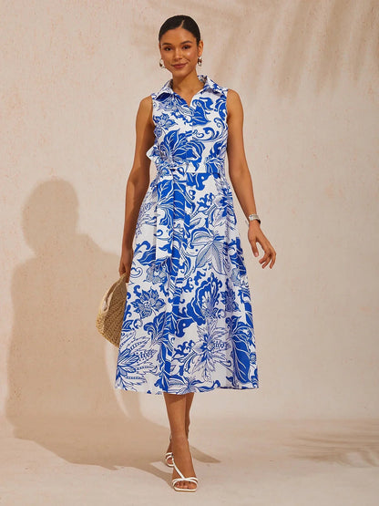 Nadine | Floral Print Sleeveless Linen-Look Shirt Dress