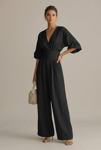 Eleonore | Wrap Front V-Neck Sleeve Wide-Leg Jumpsuit