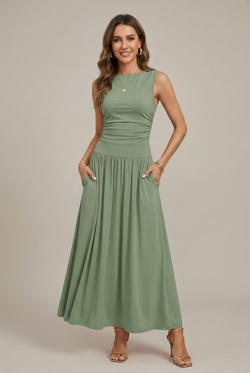 Lea | Ruched Waist Sleeveless Round Neck Maxi Dress
