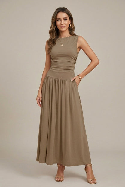 Lea | Ruched Waist Sleeveless Round Neck Maxi Dress
