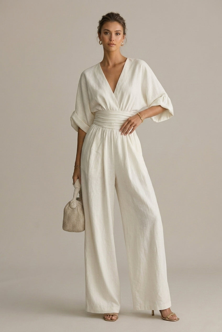 Eleonore | Wrap Front V-Neck Sleeve Wide-Leg Jumpsuit