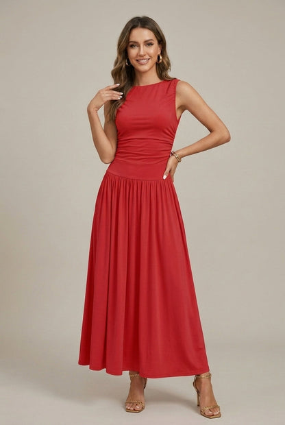 Lea | Ruched Waist Sleeveless Round Neck Maxi Dress