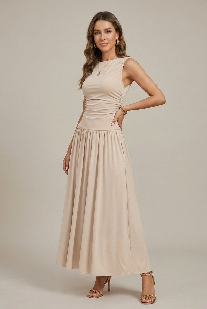 Lea | Ruched Waist Sleeveless Round Neck Maxi Dress