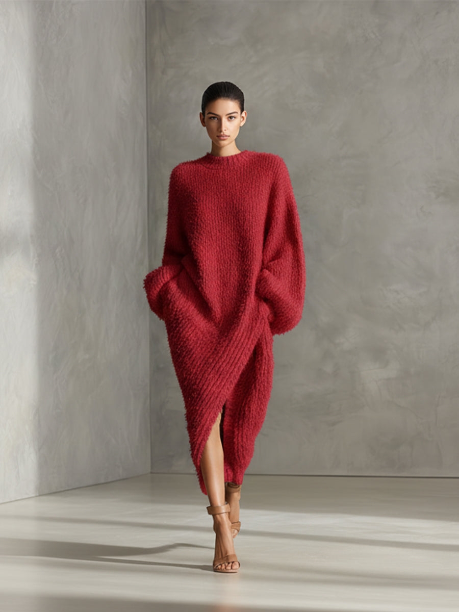 Velina | Fuzzy Knit Midi Dress Asymmetric Slit